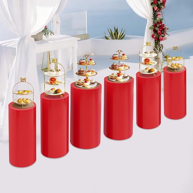 Eapmic Pedestal Stands for Party, Cake Pedestal Stand, Dessert Table Display Plinth Pillars, Sculpture Display Column Decoration Cube for Wedding Birthday (Red, Cylinder-6Pcs(27.56"+26"+23.62"))