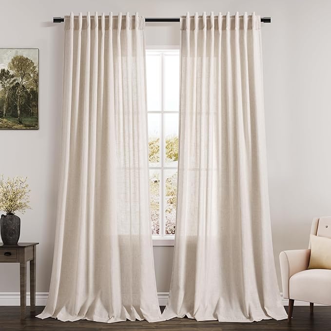 Nanspring Beige Linen Curtains 84 Inches Long for Bedroom Back Tab Light Filtering Privacy Sheer Linen Curtains Modern Farmhouse Coastal Decor Cotton Textured Gauze Curtain 2 Panel Set 70x84