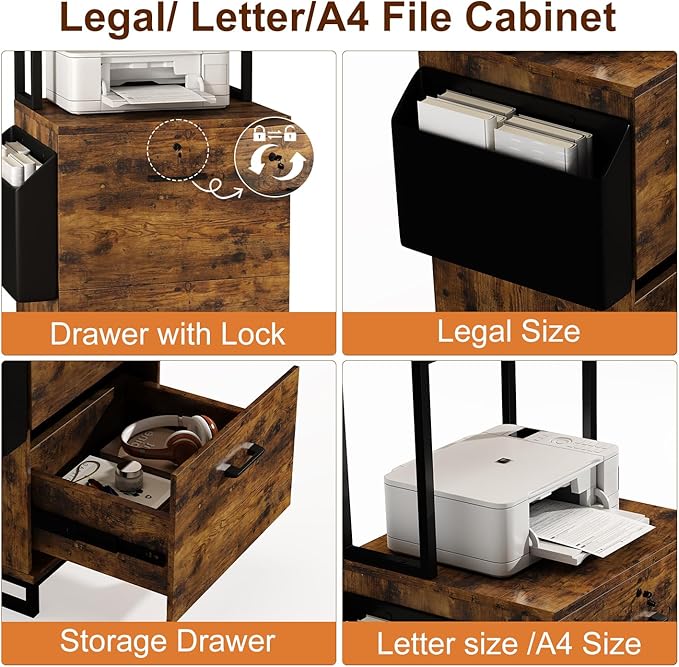 Locking Double Drawer File Cabinet with 4-Tier Display Shelf & Storage Bag, Vintage Rustic Brown Printer Stand for Home Office