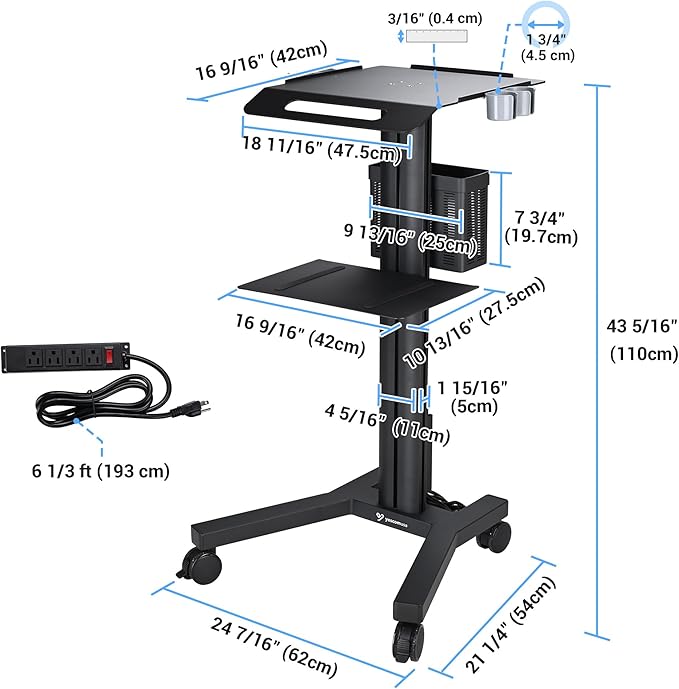 Yescom Mobile Laptop Cart Rolling PC Stand Computer Workstation on Wheels with Handle 220 Lbs Capacity CPU Printer Power Strip Holder for Lap School Office Salon Spa Dental