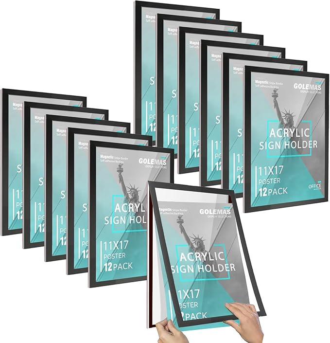 Acrylic Magnetic Sign Holder, Easy-Opening 11 x 17 Wall Mount Display Frames, Self Adhesive Back Plastic Clear Document Frame, Horizontal & Vertical Display (Black, 12Pack)