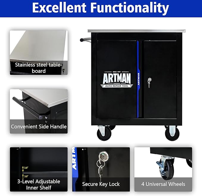 Double-Door Heavy-Duty Rolling Steel Tool Cart with Handle&Wheels, Metal Storage Organizer Cabinet, Tool Chest for Efficient Tool Storage in Garage, Warehouse, Workshop, Repair Shop, Blue