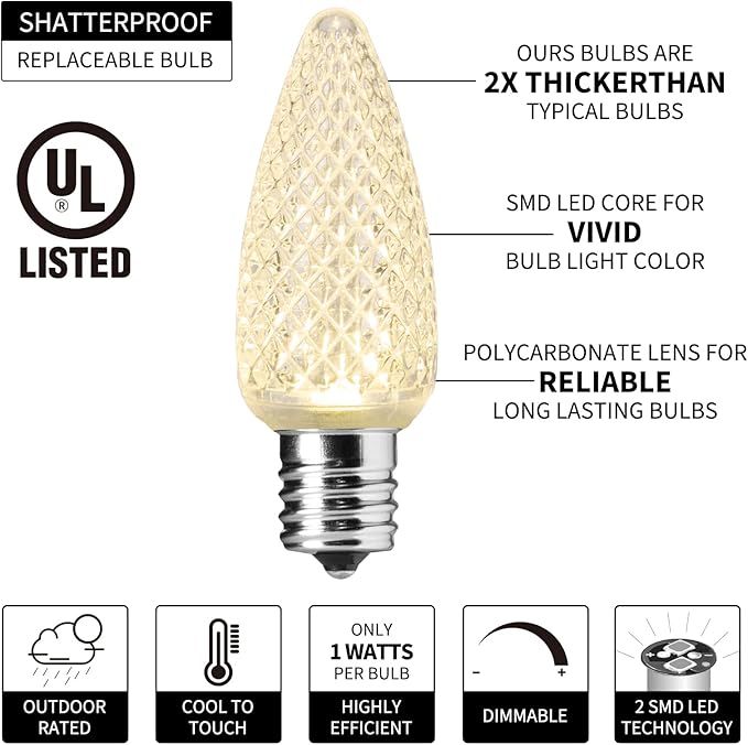 Brightown C9 Christmas String Lights Outdoor 50 Feet Led Christmas Lights, 50+1(Spare) Strawberry Bulbs Connectable UL Certified for Indoor Outdoor Roofline Patio Holiday Party Backyard Xmas Decor