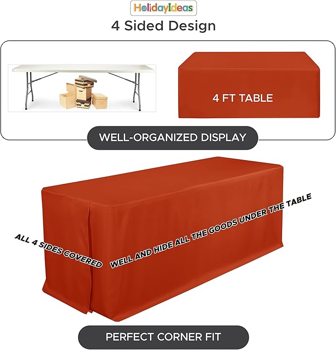 HolidayIdeas 4 Pack Fitted Tablecloth for 6ft Tables, Rust Table Cover for Christmas Vendor Booth Display, Market Stall, Craft Fair, Fall Festival, Wrinkle Resistant with Professional 4-Sided Coverage