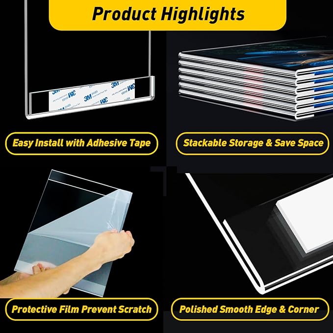 KSacry 12 Pcs Acrylic Sign Holder 8.5 x 11, Vertical Wall Mount Sign Holders with 3M Adhesive, Clear Plastic Frames Paper Display Sign Holders for Office, Home, Store, Restaurant - No Drilling