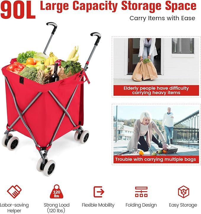 GOFLAME Folding Shopping Cart on Wheels, Waterproof Grocery Cart with Removable Cover and 360° Swiveling Wheels, Collapsible Utility Cart for Groceries and Laundry, 120LBS Load Capacity, Red