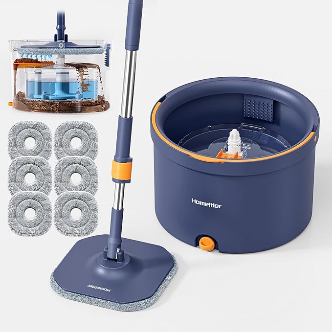 Spin Mop and Bucket Set, Mop Bucket with Separate Dirty Water System, Deep-Cleaning Mops for Floors/Wall, Versatile Mops with 6 Microfiber Mop Pads