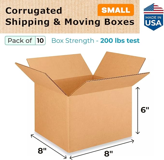 Small Moving & Shipping Boxes 8x8x6 inches (10-Pack) - Extra Strength 200 lb vs Regular - Corrugated Boxes for Packaging Moving - Small Moving Box - Strong Packaging Box by IDL Packaging