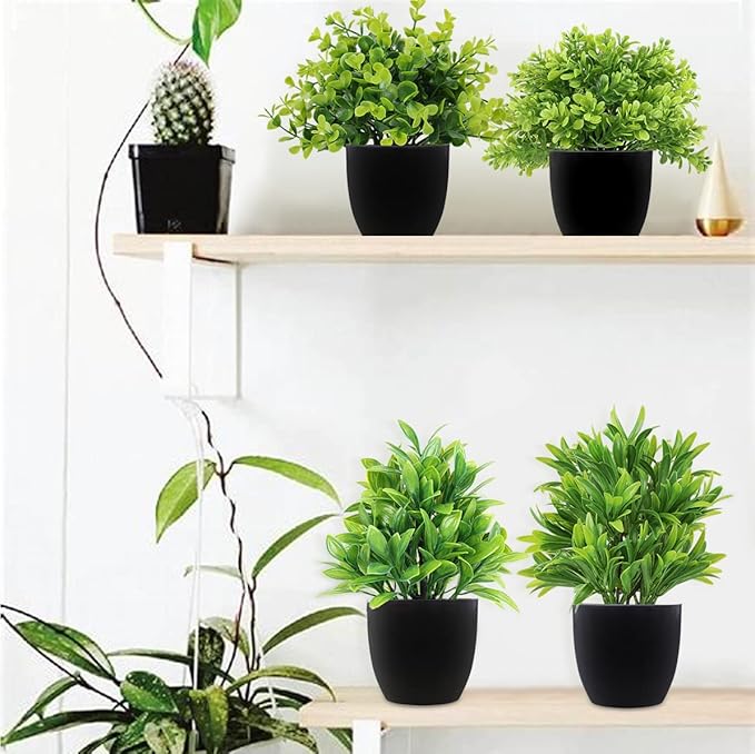 LELEE Artificial Potted Plants Mini Fake Plants, 4 Pack Medium Eucalyptus Potted Faux Decorative Grass Plant with Black Plastic Pot for Home Decor, Indoor, Office, Desk, Table Decoration