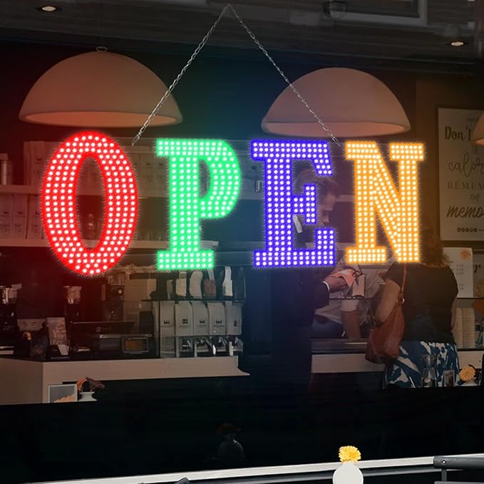 40'' x 14" LED Open Signs for Business, Super Bright Large Open Closed Sign with Hanging Installation, Light Up Sign for Bar Store Restaurant Office Hotel Salon (Red Green BlueYellow)