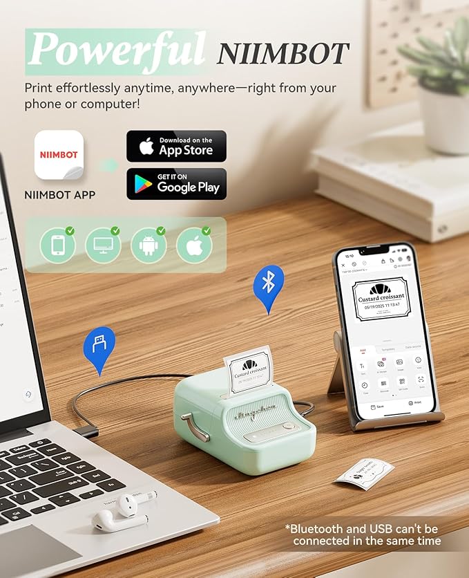 NIIMBOT B21 Label Printer,Bluetooth Thermal Label Maker,Ideal for Home Organization,Business,Ofice,50x30mm Labels(Mint Green)