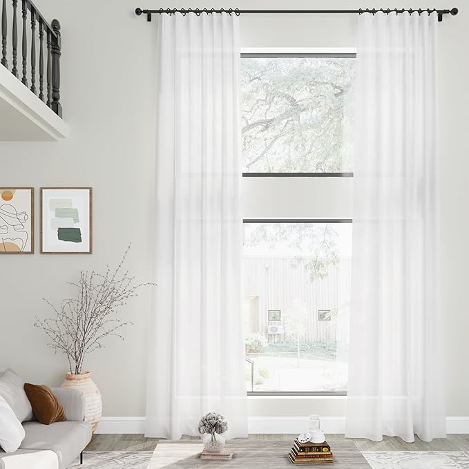 Nanspring White Extra Long Linen Curtains 2 Panels Set 141 Inches Long for Dinning Room Back Tab Rod Pocket Light Filtering Semi Sheer Drapes Linen Textured Window Curtain for Bedroom 52x141