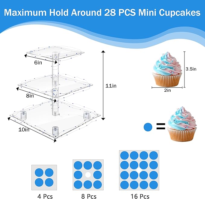 YestBuy 3 Tier Square Cupcake Stand - Premium Cupcake Holder - Acrylic Cupcake Tower Display - Cady Bar Party Décor + LED Light String - Ideal for Weddings, Birthday Parties( Blue Light)