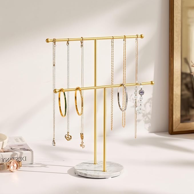 pickpiff Necklace Holder Stand: 2 Tier Jewelry Organizer with Marble Base, Gold Jewelry Tree Display for Bracelets, Rings, Earrings, Gold and White