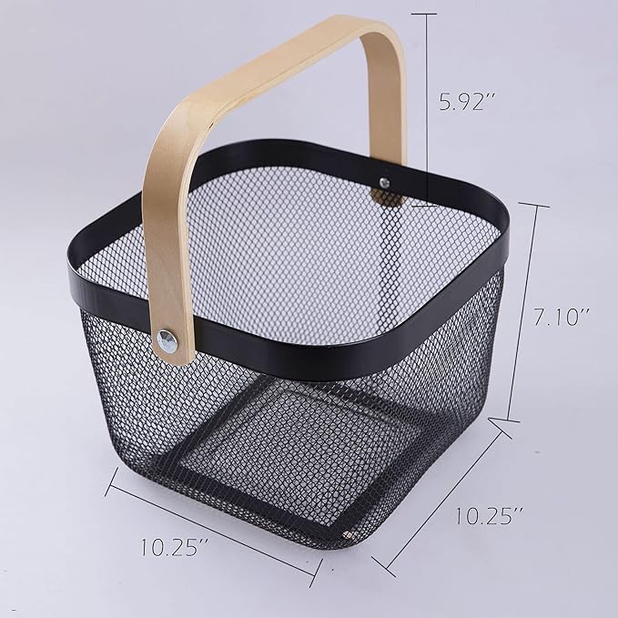 IBWell Square Metal Wire Woven Fruit Storage Bowl Basket with Wooden Handle, Large Black Mesh Fruit Stand, Multi-function Hanging Kitchen Baskets (Black, Nomal 2PCS)