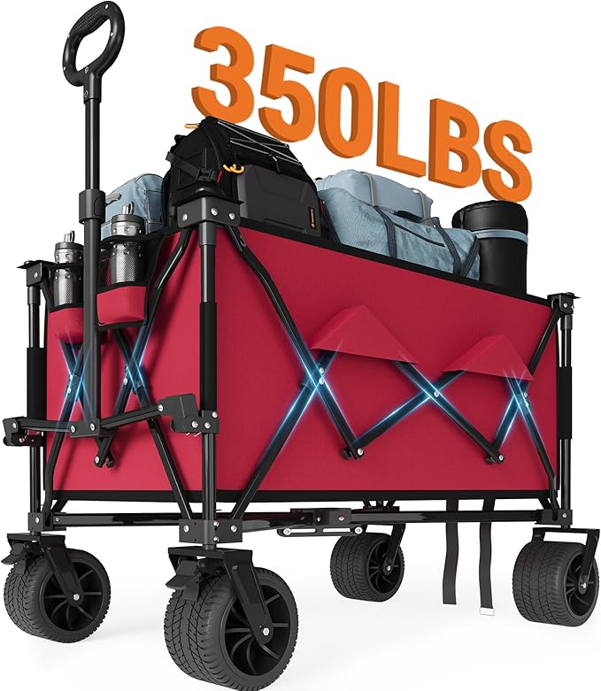 35" Foldable Wagon for Beach with 350lbs Weight Capacity, Heavy Duty 280L Extra Large Collapsible Foldable Wagon for Camping, All Terrain Beach Wagons Extended with Cup Holders for Sand