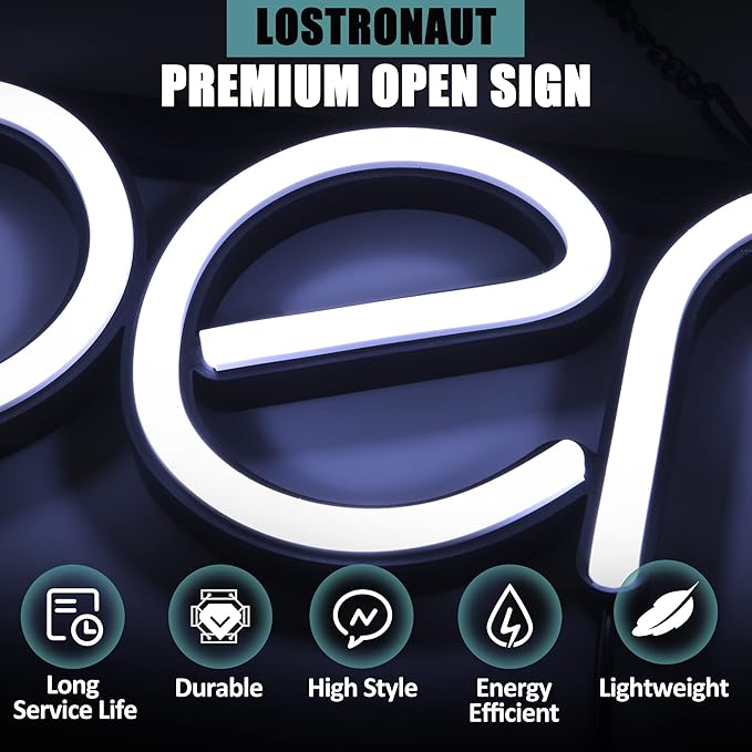 LED Neon Open Sign Light. Perfect to Advertise Storefront, Business, Office, Shop and Restaurant. Ultra Bright White Designer Color. Custom Built, Elegant Window Display
