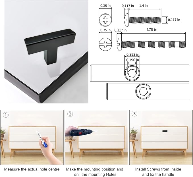 Cabinet Pulls Single Hole Cabinet Knobs, 10 Pack Square Matte Black T Bar Cabinet Handles Drawer Cabinet Knobs Cupboard Hardware Cabinet Handles, Stainless Steel Single Hole
