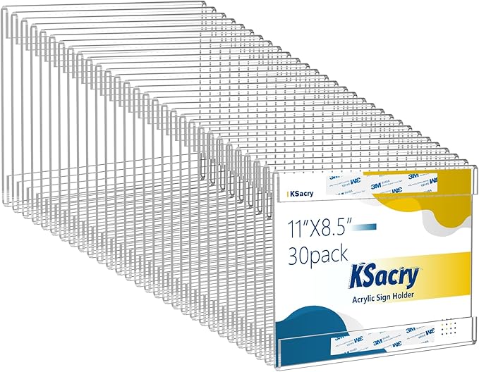 KSacry 30 Pcs Acrylic Sign Holder 11 x 8.5, Horizontal Wall Mount Sign Holders with 3M Adhesive, Clear Plastic Frames Paper Display Sign Holders for Office, Home, Store, Restaurant - No Drilling