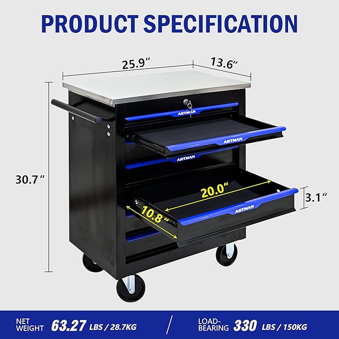 7 Drawers Rolling Tool Box on Wheels, Multifunctional Tool Chest Cabinet with Lock, Drawers Rolling Tool Cart Trolley Organizer Tool Storage Case for Garage,Warehouse - DIY Interconnectable