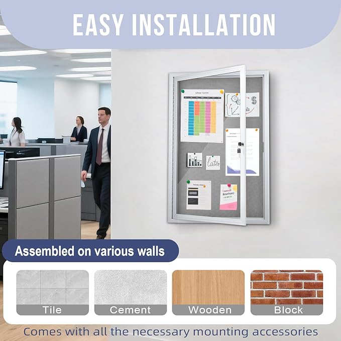 Enclosed Bulletin Board 36"x24" Outdoor Weatherproof Cork Noticeboard with Locking Door Wall-Mounted Gray Fabric Silver Aluminium Frame for Home, School, Office, Community, Hospital