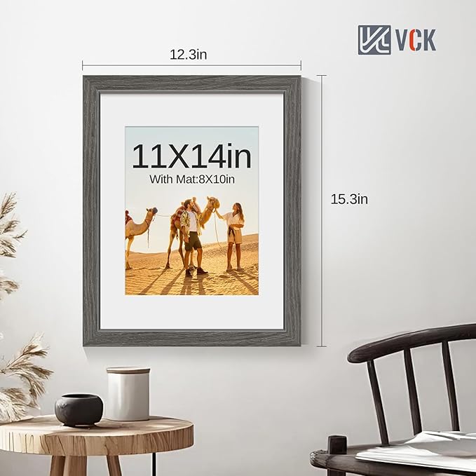 VCK 11x14 Picture Frame 2 Pack - Grey, High-End Wood Poster Frames with Tempered Glass, Display 8x10 Photo with Mat or 11x14 without Mat, Art Gallery-Quality, Wall Hanging, Grey