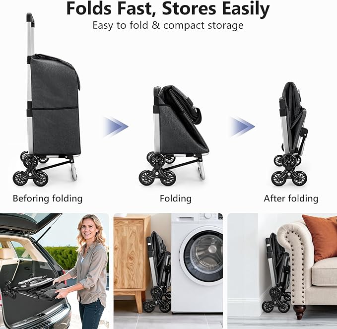 KEDSUM 2 in 1 Aluminum Alloy Stair Climbing Cart, 300LBS Grocery Cart on Wheels, Foldable Shopping Carts with Waterproof Oxford Black Bag for Groceries, Lightweight & Durable Aluminum Frame