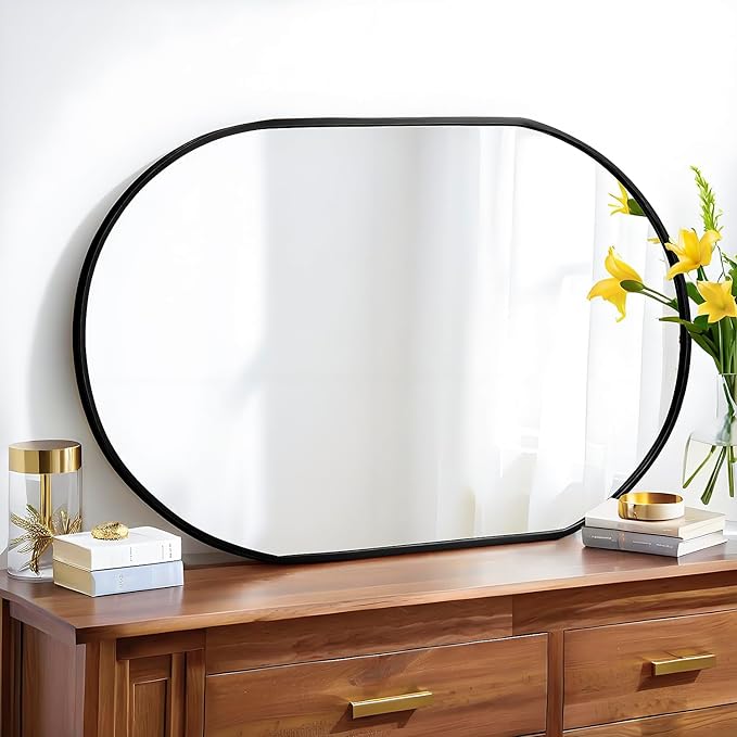 36x24 Mirror Runway Oval Wall Mounted Aluminum Alloy Metal Frame Rectangle Mirrors for Entryway Bedroom Bathroom Living Room 36 24 inch Black