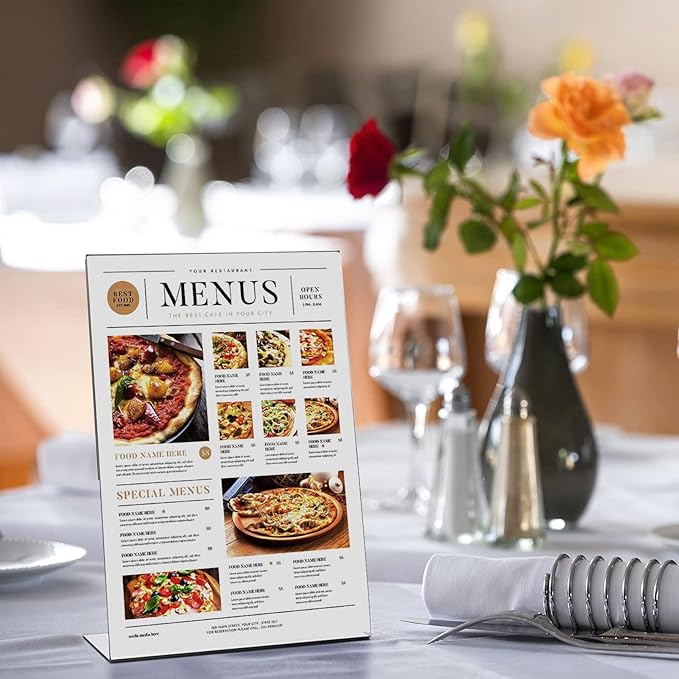 Laerjin Acrylic Sign Holder 8.5 x 11 - 10 Pack Clear Slanted L-Shaped Display Stand, Flyer & Menu Frame, Side Loading Paper Signage Holder - Office, Restaurant, Trade Show Use