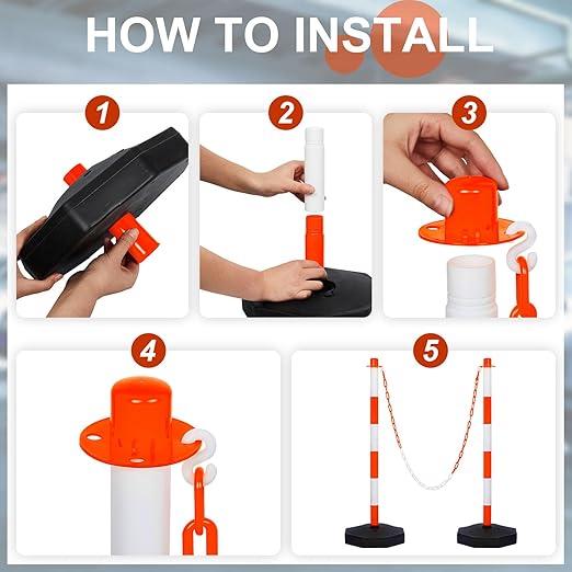 Amylove 9 Packs Traffic Delineator Post Cone with Base, Traffic Cones Safety Cones Caution Cones Plastic Stanchion Chain Safety Barriers with 6.6 Feet Link Chain and S Hooks for Parking Lot (Orange)