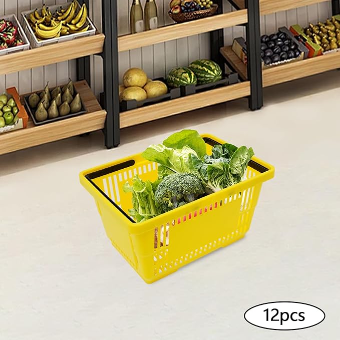 Shopping Baskets Set of 12, 18L Plastic Store Retail Baskets with Handles, Durable Plastic Shopping Cart Portable Grocery Basket for Supermarket Bookstores Grocery Shopping, Yellow