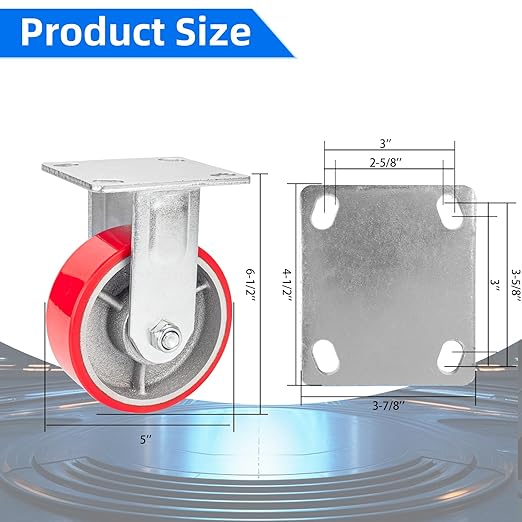 Nefish 5 Inch Industrial Fix Casters, Heavy Duty Plate Caster with No Noise Polyurethane Wheel on Steel Hub, 1000 Lbs Load Capacity Per Rigid Casters for Utility Cart, Dollies (2 Pack)