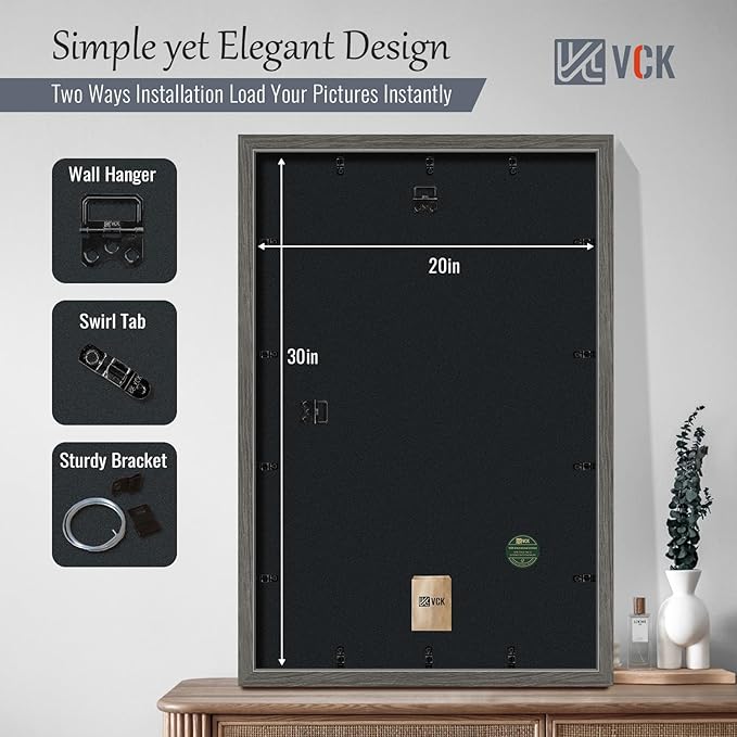 VCK 20x30 Poster Frame 2 Pack - Grey, High-End Wood Picture Frames with Polished Plexiglass, Display 16x24 Photo with Mat or 20x30 without Mat, Art Gallery-Quality, Wall Hanging, Grey