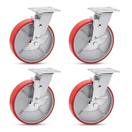 Nefish 8 Inch Industrial Casters Set of 4, Heavy Duty Casters with Brake 6000 Lbs, No Noise Polyurethane Wheel on Steel Hub, Swivel Plate Caster Wheels for Toolbox Workbench (4 Swivel & Brakes)