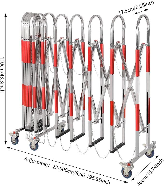 Expandable Metal Barricade, Safety Barrier with Casters 1.1x5M Portable Mobile Gate Stainless Steel Fence for Garage Construction Site Traffic Control (Red)