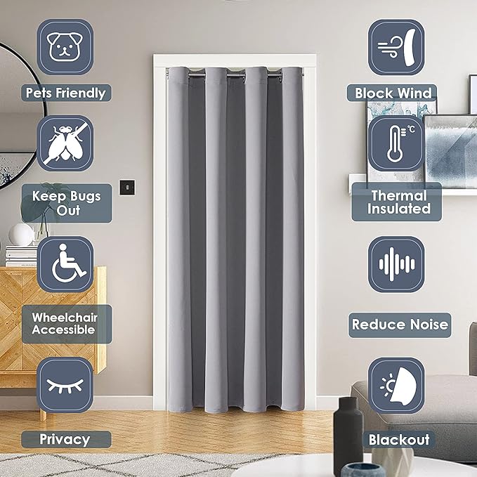 ChrisDowa Blackout Door Curtains for Doorway Privacy, Grommet Closet Curtains for bedroom closet door, Thermal Insulated Temporary Doorway Cover Room Divider Drapes (1 Panel, Light Grey, 42 x 80 Inch)