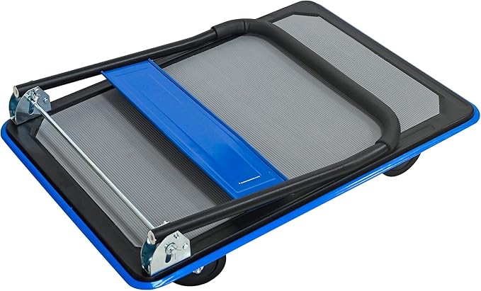 660lbs Large Size Heavy Duty Blue Flatbed Cart, Foldable Steel Platform Dolly with 360° Swivel Wheels, Silent Utility Push Hand Truck for Warehouse & Home
