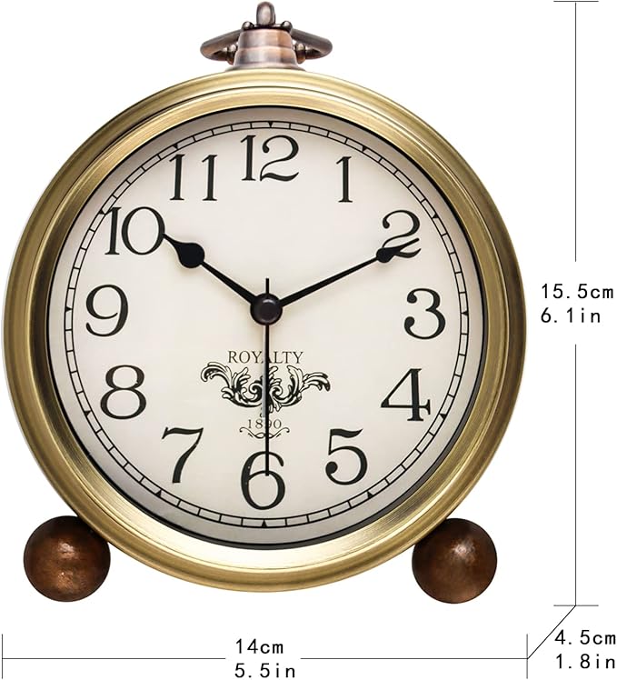 Gold Desk Alarm Clock for Bedroom Kids Modern Mantel Small Table Clock Desktop Farmhouse Tabletop Metal Battery Operated Clock for Bedside Living Room Office Silent 5.5 Inches (Arabic)