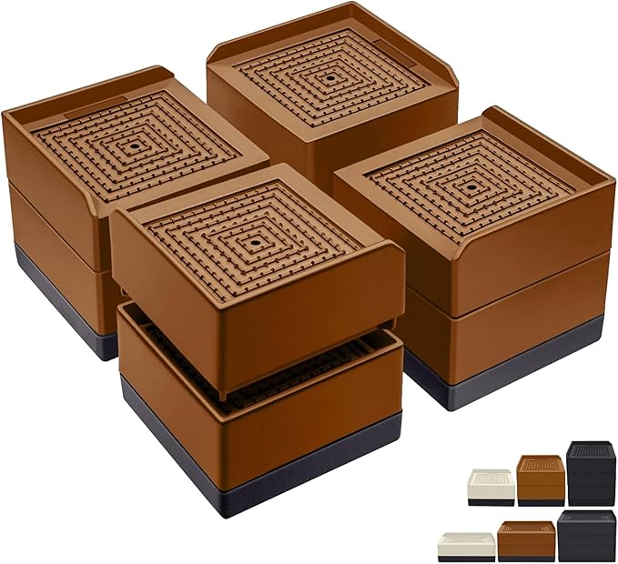 Bed Furniture Risers 3 inch, Square Adjustable Risers Blocks for Bed Sofa Table and Couch Lift to 1.5 or 3 inch，Heavy Duty Support Up to 1,300 Lbs (4 Pack-Brown)