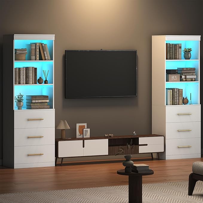 Winkalon 71“H White Bookshelf with LED Light, Bookcase and Bookshelf with Drawers, Tall Bookcase Tall Storage Cabinet 3-Tier Open Shelves for Home Office Living Room Bedroom, 15.8"D x 23.6"W x 70.9"H