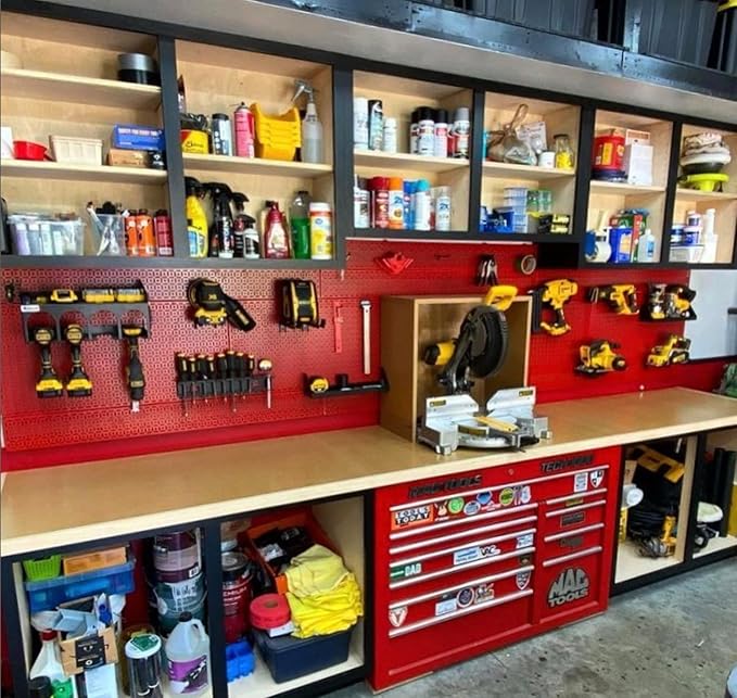 OmniWall Modular Metal Pegboard System, 16x48 inches, Steel Construction, Wall-Mounted Tool Storage (Red, Horizontal)