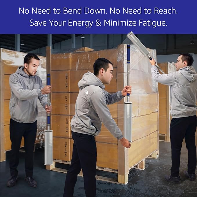 Heavy Duty Stretch Film Dispenser Pole Holder - Extra Long High Reaching Industrial Handle for Stretch Wrapping - Fits Rolls 2" to 3" Diamater Cores & Lengths from 12" to 24" - Pallet Wrap