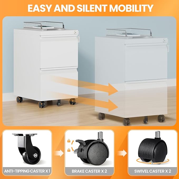 2 Drawer File Cabinet, Fully Assembled Mobile File Cabinets with Lock, Metal Rolling Filing Caninet on Wheels, Small Two Drawer Under Desk Cabnet for Letter/Legal / A4 / File Box - White