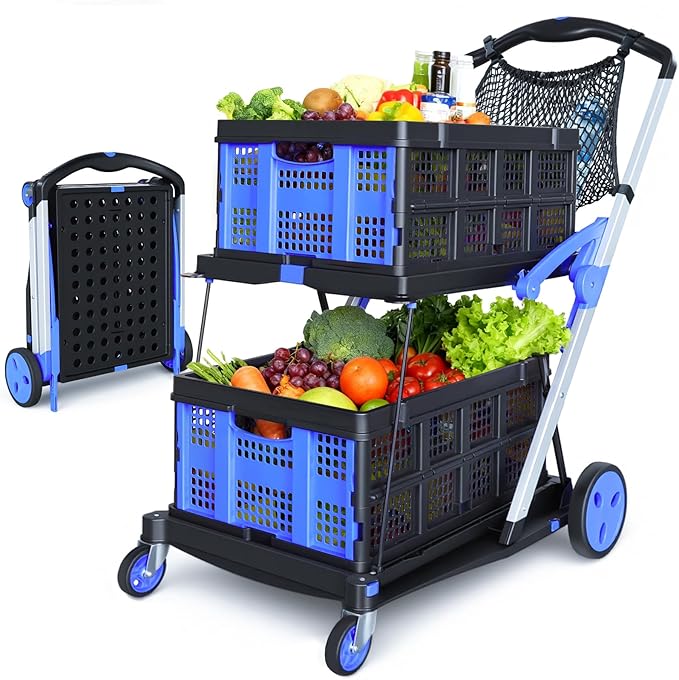 Collapsible Shopping Cart with Wheels, 2 Storage Crates & 1 Storage Bag, 200 lbs Capacity Multi Use Functional Grocery Cart, Space-Saving Design for Home/Office/Picnic