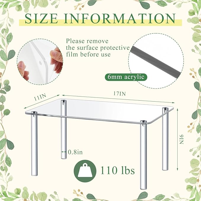 Extra Large 6mm Thick Acrylic Rectangular 4-leg Display Risers, Acrylic Stand, Clear Shelf Riser Display Stands for Decor Collectibles Figures (1 Pcs,17×11×9in)