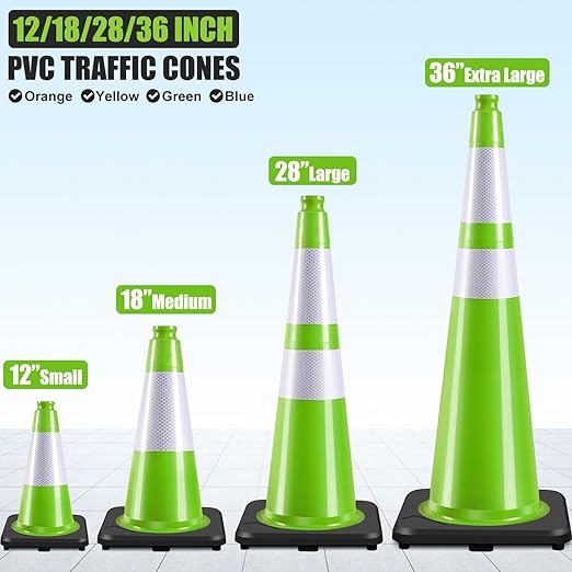 6 Pack 12" Inch Green PVC Traffic Cones with Heavy-Duty Base, High-Visibility All-Weather Safety Cones for Road Construction, Parking Lot, and Garage Use (6, Green, 12" Small)
