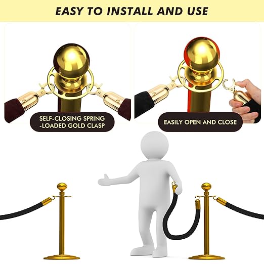 Woanger 6 Pack Velvet Stanchion Rope, 5 Feet Crowd Control Stanchion Ropes Safety Barrier with Gold Plated Hook for Carpet Events Movie Theaters Grand Openings Hotels Party(Black)