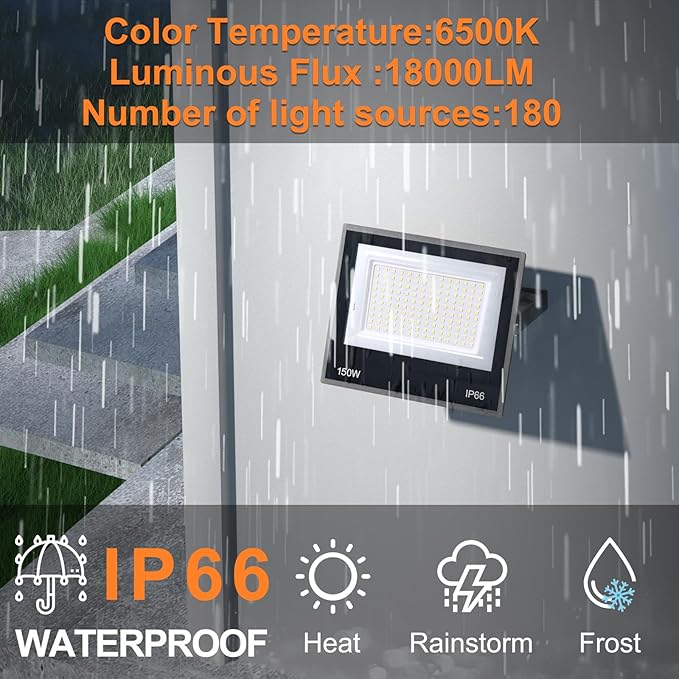 XXBSAZ 2 Pack 150W LED Flood Lights Outdoor, 18,000LM Plug-in Hardwire Work Light IP66 Waterproof - 6500K Daylight Bright for Yard, Garage, Stadium