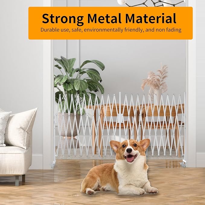 Expandable Barricade Gate,200"" Metal Safety Barrier Gate with Casters,Accordion Garden Yard Outdoor Indoor Fence Folding Security Dog Gates Wall Mount,White, Large