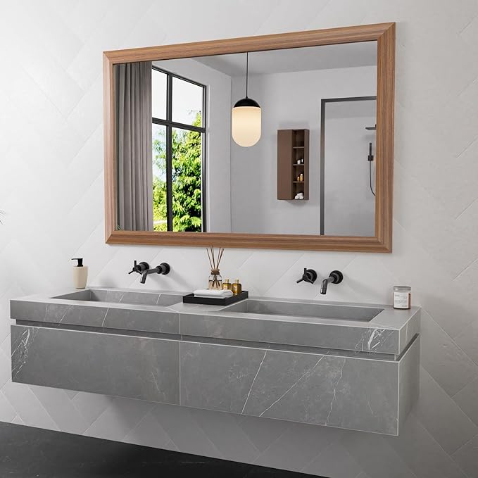 Amorho Bathroom Mirror for Over Sink, 50 X36 Inch Walnut Wood Grain Metal Frame Wall Mirror, Anti-Rust, Hang Horizontally/Vertically, Suitable for Bedroom, Farmhouse, Bathroom, Decorative
